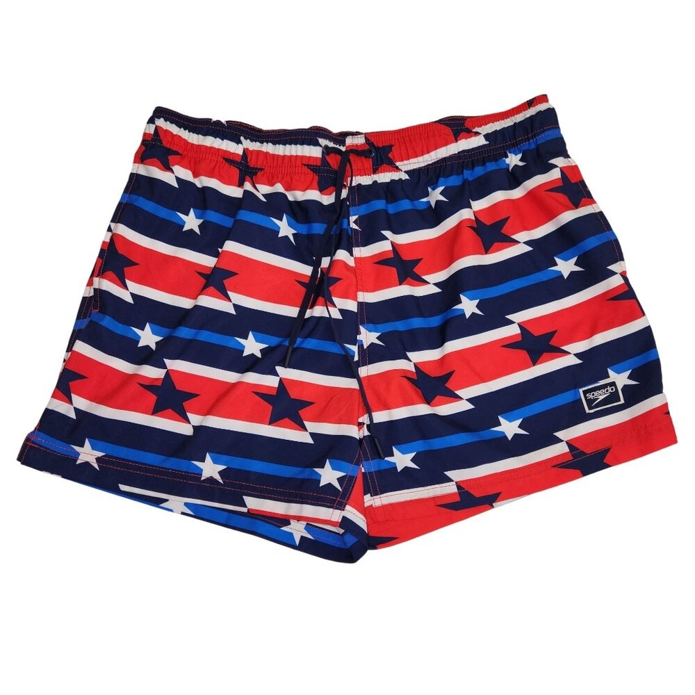 Speedo XL Swim Trunks Star-Spangled Design Red White Blue Elastic Waist 2510